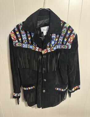 Erez Levy Genuine Leather Women’s Black Beaded Fringe Jacket M
